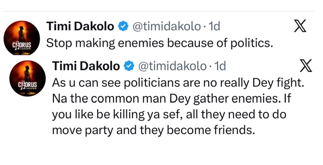 Singer, Timi Dakolo responds to backlash he received after asking Nigerians to stop making enemies because of politics